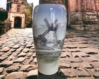 Royal Copenhagen Windmill Vase. Royal Copenhagen Denmark. Royal Copenhagen 4568 Vase. Danish Countryside Vase. Blue Danish Landscape Vase.