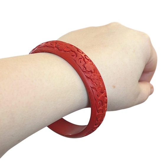 Vintage Carved Cinnabar Bangle Bracelet - Genuine Cinnabar Bracelet - Vintage Red Cinnabar Bracelet - Carved Chinese Cinnabar Bracelet View 4