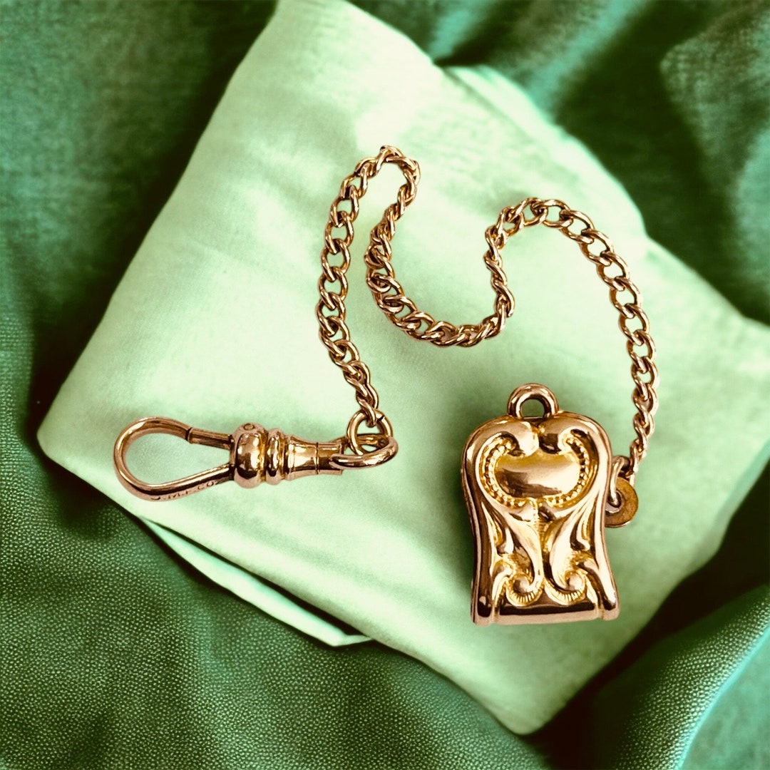 Edwardian Gold Filled Pocket Watch Chain With Engraved Vest Clip