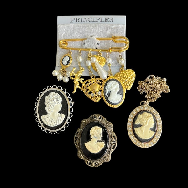 Vintage Cameo Collection / Black Cameo Brooch / Black Cameo Necklace / Safety Pin Charm Brooch / Faux Cameo Brooch / Cameo Pendant Brooch