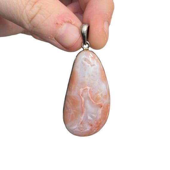 Sterling Silver Pink Agate Pendant Necklace - Oval Pink Agate Pendant - Silver Agate Pendant - Picture Agate Pendant - Pink Agate Necklace