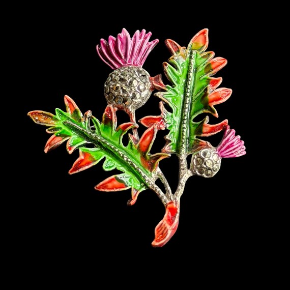 C. 1950 Enamel Marcasite Thistle Brooch - Scottish Thistle Brooch with Marcasites - Scottish Wedding Brooch - Vintage Enamel Thistle Brooch