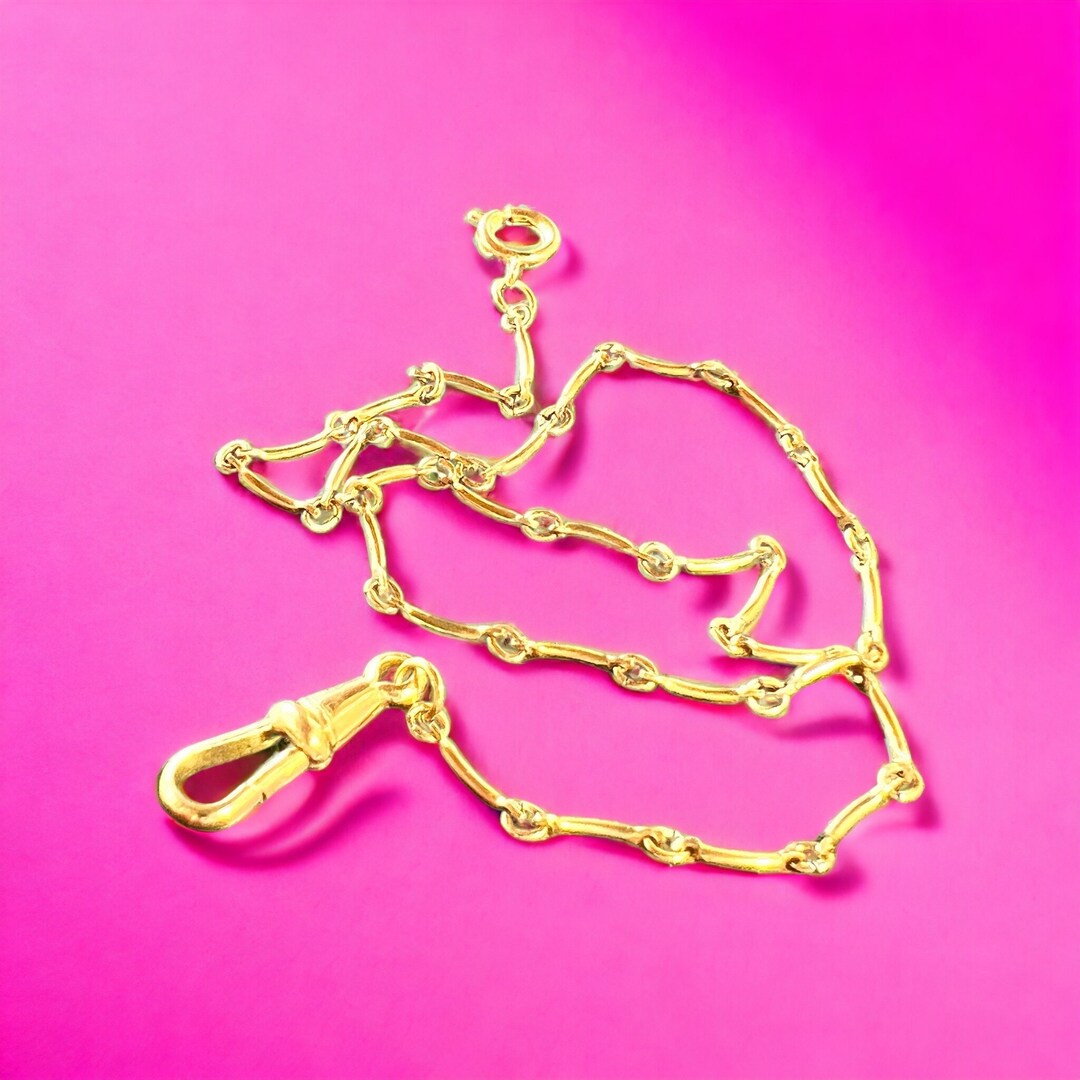 14 Vintage Gold Pocket Watch Chain Choker Necklace. Bolt Ring & Lanyard