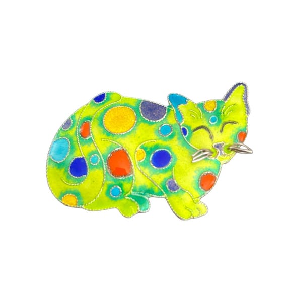 Vintage Sterling Silver Enamel Cat Brooch - Rainbow Spotted Car Brooch - Cat Lover Gift - 925 Enamel Cat Brooch - Psychadelic Cat Brooch View 2