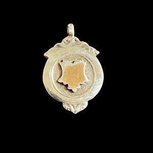 1913 Edwardian Sterling Silver Crest Pocket Watch Fob with Gold Centre - Antique Silver Crest Watch Fob - Birmingham Silver Shield Watch Fob