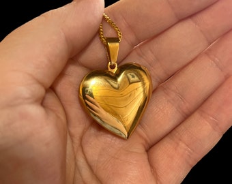 1.5” Gold Heart Locket on Chain. Classic Gold Heart Locket. Shiny Gold Locket Two Frame Puffy Heart Locket. 1.5” Inch Gold Heart Locket.