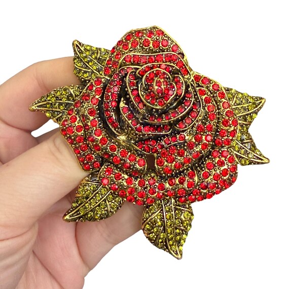 Blooming Rose Rhinestone Brooch - Rhinestone Rose Brooch - Figural Flower Brooch - Heid Daus Style Rose Brooch - Unique Rhinestone Brooch