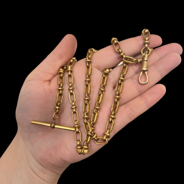 25.5” Vintage Brass Pocket Watch Chain / Engraved Watch Chain Necklace. Gold Swivel & T-Bar Watch Chain. Long Vintage Pocket Watch Chain.