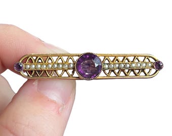 Victorian Amethyst Glass and Natural Seed Pearl Gold Filled Brooch - Victorian Amethyst Brooch - Victorian Seed Pearl Brooch Gold Filled