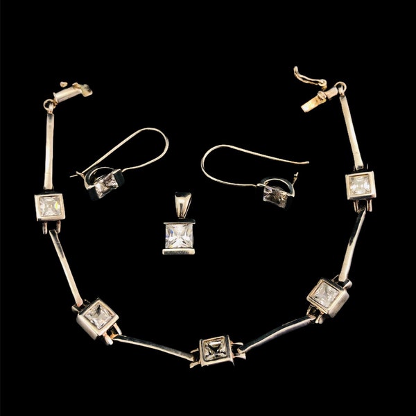 Sparkling 3 Pc Cut Glass Jewel Sterling Silver Earrings, Pendant, & Bracelet Set. Elegant, chic. 925, square, classic, Christmas, vintage