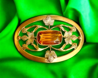 Broche En Ambre Miel Butterscotch - Or Jaune 9K (8,4g) - Vintage Victorienne - Occasion
