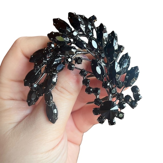 Vintage Black Floral Spray Rhinestone Brooch - Japanned Black Rhinestone Brooch - Chunky Rhinestone Brooch - Vintage Rhinestone Brooch