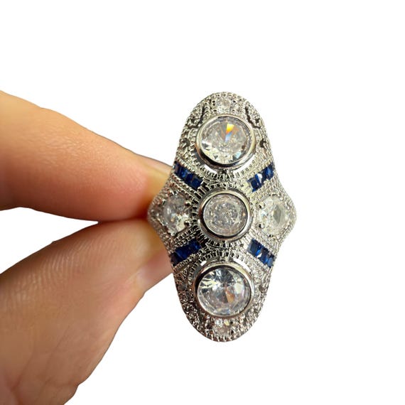 Sz 7 Art Deco Style Filigree Sapphire Glass Ring - Art Deco Sapphire Ring - Art Deco Diamond Ring - Art Deco Filigree Ring