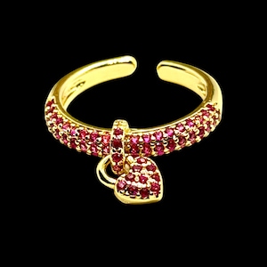 18K GP Ruby Heart Charm Ring  - Gold Plated Ruby Ring - Pavé Ruby Heart Ring - Adjustable Size Ruby Ring Birthstone - Romantic Ruby Ring