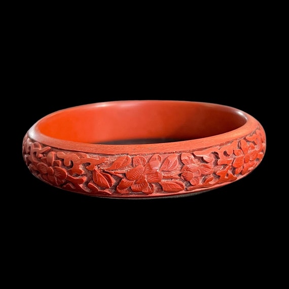 Antique Carved Cinnabar Bangle Bracelet / Genuine 