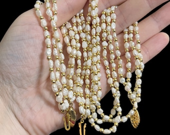 Conjunto de collar y pulsera de perlas de 43 cm - Collar de perlas de agua dulce - Pulsera de perlas de 20 cm - Conjunto de perlas de la década de 1950 - Perlas de arroz con cuentas de oro