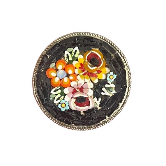 Vintage Italian Micro Mosaic Brooch- Italian Millefiori Brooch - Italian Mosaic Brooch - Round Mosaic Brooch - Black Mosaic Flower Brooch View 3