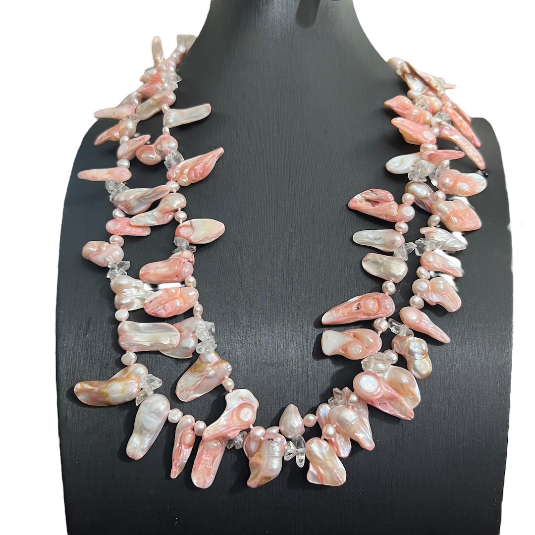 20” 2 Strand Pink Baroque Pearl Necklace - Vintage Pink Pearl Necklace ...