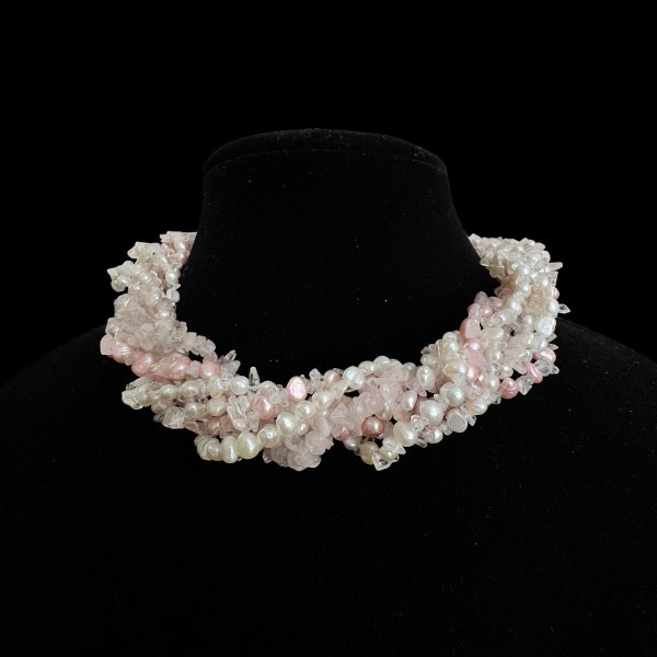 Pink Pearl and Rose Quartz Choker Necklace. 7 Multi-Strand Chunky Pearl Toursade Necklace. Vintage Pink Pearl Necklace. 925 Pearl Necklace.