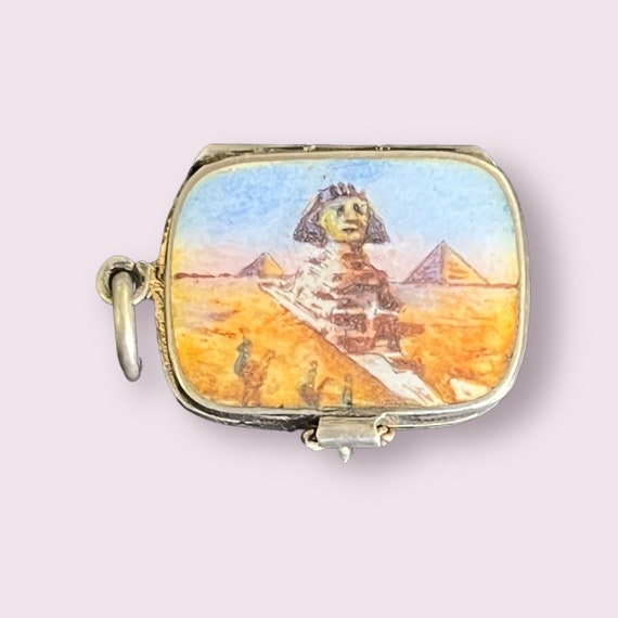 1920’s Egyptian Sphinx Basket Charm - Antique Egyptian Revival Enamel Basket Charm - 800 Silver Art Deco Sphinx Pendant Openable Basket