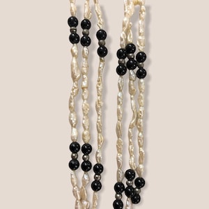 Vintage Rice Pearl Necklace - Silver & Black Glass/Stone Beads - 3 Strand Necklace - Rice Pearl Toursade necklace - Pearl Toursade Necklace