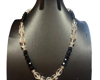 Sautoir Vintage Années 1920 - Perles Carrées Noires En Pâte De Verre - Collier Long Rétro