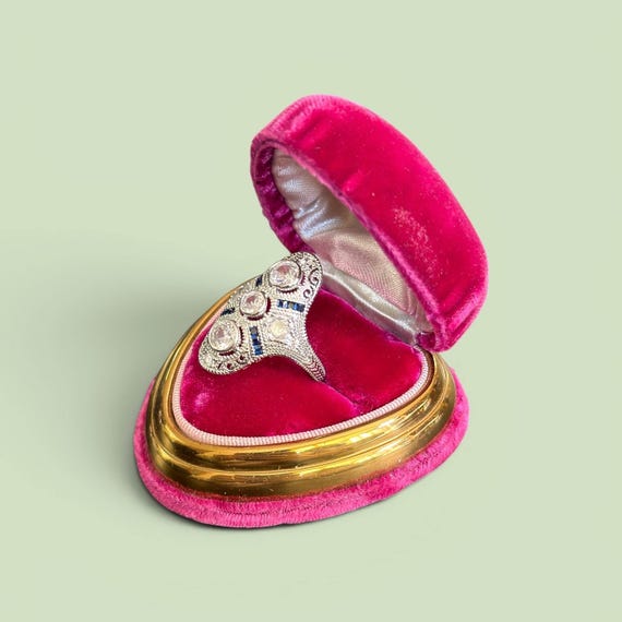 Sz 8 Art Deco Style Filigree Sapphire Glass Ring - Art Deco Sapphire Ring - Art Deco Diamond Ring - Art Deco Filigree Ring