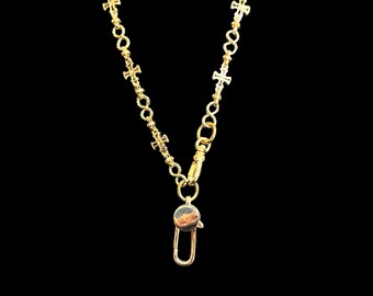 22” Handmade Gold Plated Charm Holder Necklace Cross Chain / Religious Cross Chain Charm Holder Necklace / Handmade Gold Swivel Watch Chain