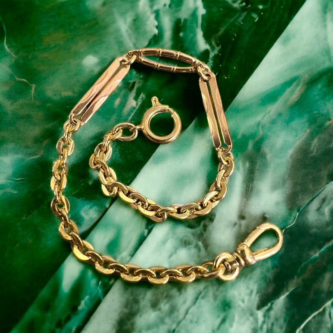 Art Deco Gold Pocket Watch Chain Charm Bracelet. Bolt Ring and Swivel