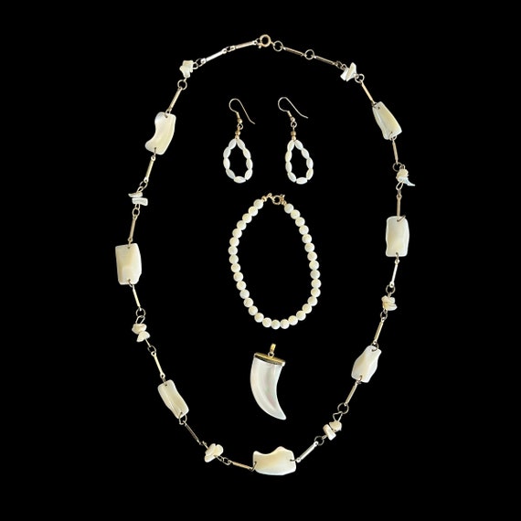 Vintage Mother of Pearl Jewelry Collection - Long Mother of Pearl Necklace - Beaded Mother of Pearl Bracelet - Mother of Pearl Claw Pendant