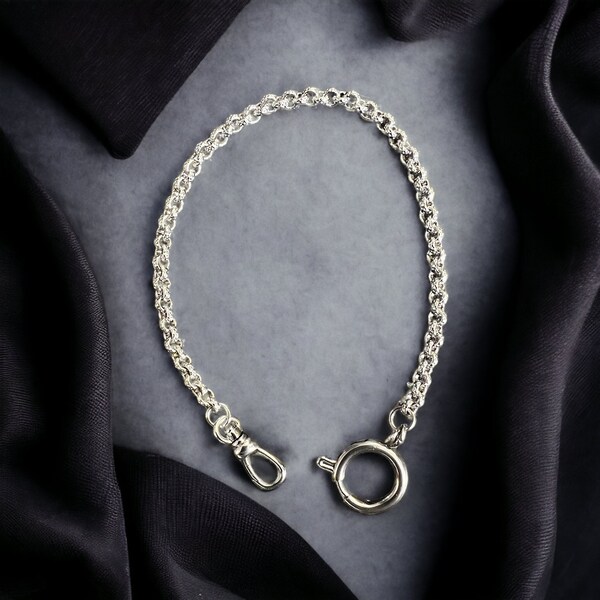7.75” Handmade Silver Pocket Watch Chain /  Short Silver Watch Chain / Short Silver Charm Holder Bracelet / Silver Bolt Ring Bracelet