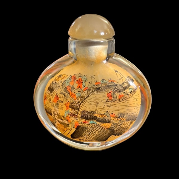 Vintage Chinese Village Scene Snuff-Bottle / Reverse Handpainted Snuff-bottle / Vintage Market Snuff-Bottle / Chinese Town Snuff-Bottle