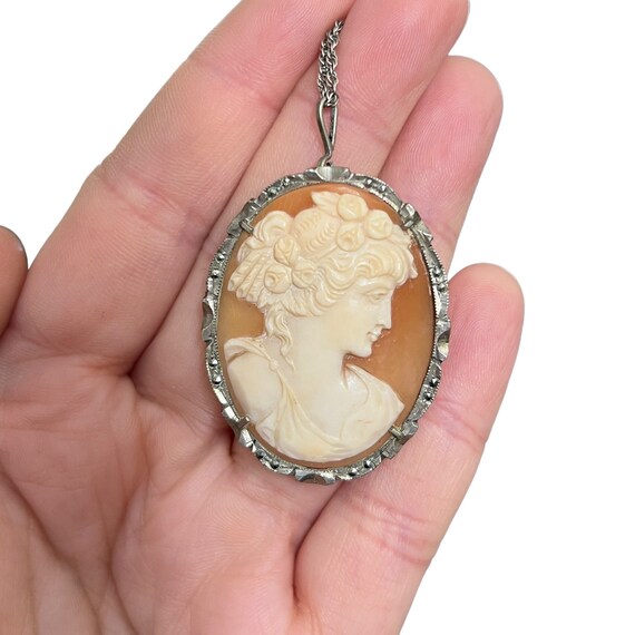 800 Silver Cameo Pendant Brooch - Marcasite Cameo 