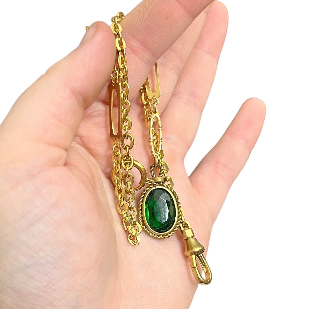 Emerald Jewel Watch Chain. Gold Watch Chain With Emerald Glass Watch