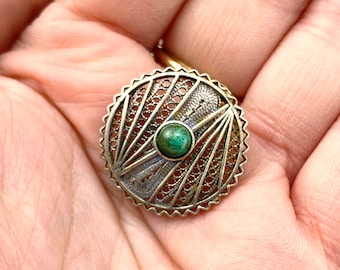Vintage Israeli Silver Filigree and Eilat Cabochon Brooch - Handmade Israeli Sterling Silver Brooch - Handmade King Solomon Stone Brooch
