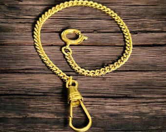 Corrente de relógio de bolso de metal vintage em tom de latão de 6,8” - Pulseira de corrente de relógio com fechos de argola e cordão - Pulseira steampunk de latão.