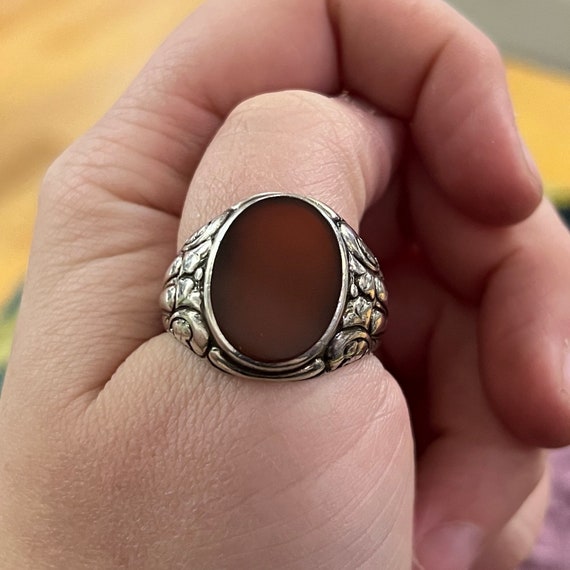 アクセサリー Vintage Silver & Carnelian Signet Ring Art Nouveau Carnelian Silver Signet Ring - Antique 835