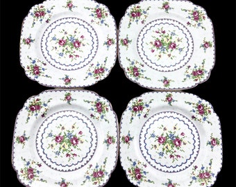 4 Royal Albert Petit Point Luncheon Plates. Bone China Made in England. Flowers, sewing, lunch, snack, salad, vintage, pattern.