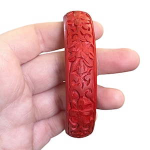 Vintage Carved Cinnabar Bangle Bracelet - Genuine Cinnabar Bracelet - Vintage Red Cinnabar Bracelet - Carved Chinese Cinnabar Bracelet
