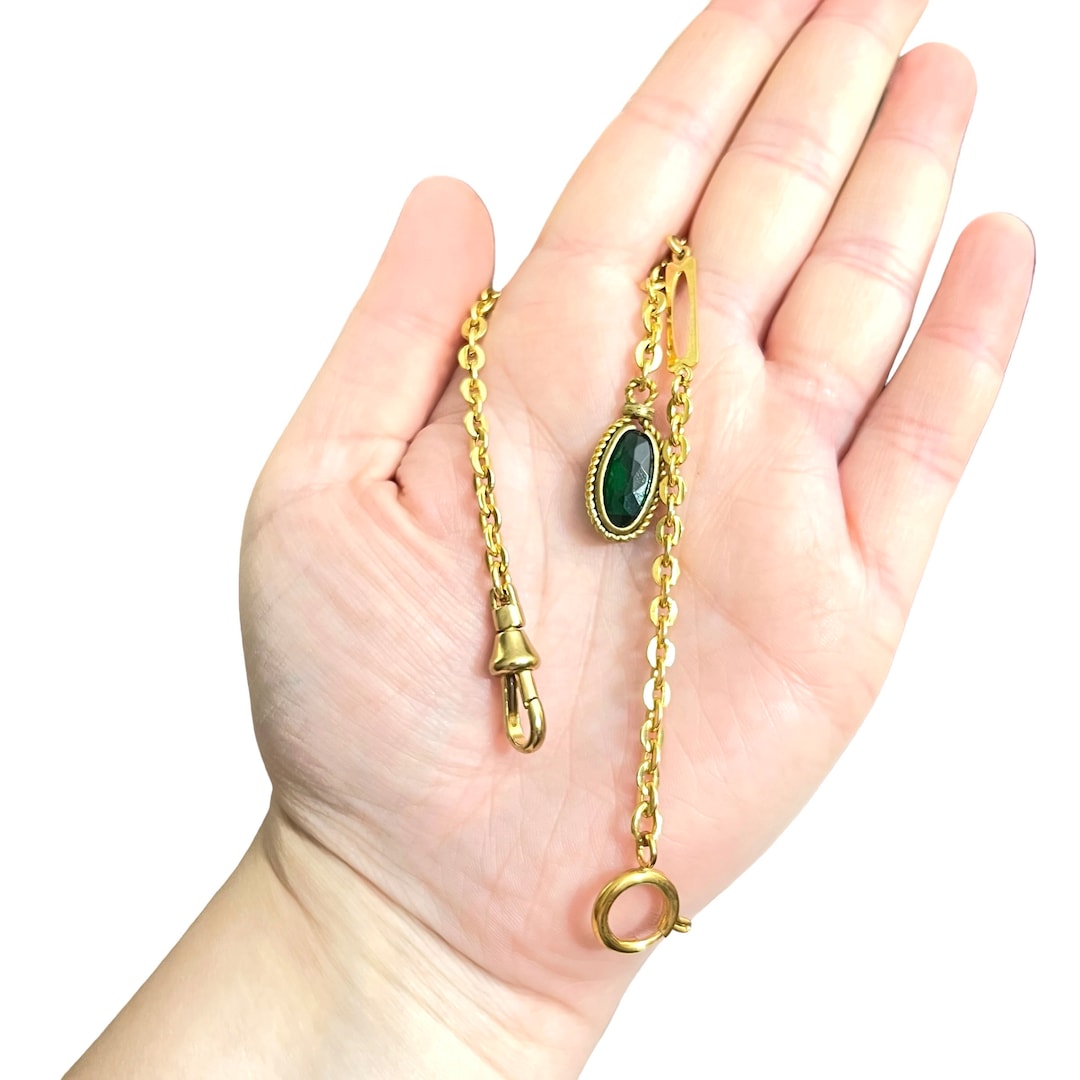 Emerald Jewel Watch Chain. Gold Watch Chain With Emerald Glass Watch