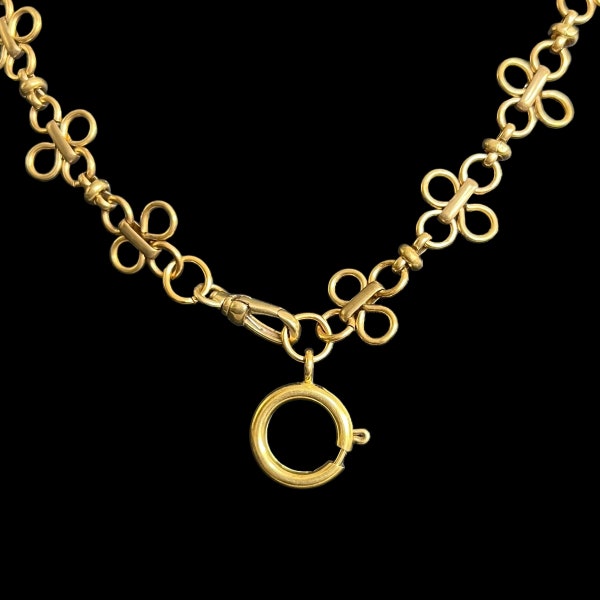 25” Handmade Brass Clover Charm Chain / Lucky Clover Chain Necklace. Gold Swivel & Bolt Ring Chain. Long Brass Charm Chain Necklace.