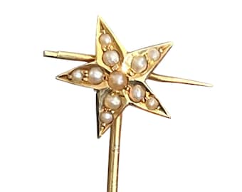 14K Victorian Starburst Stick Pin - 14K Victorian Pearl Starburst Stick Pin - 14K Antique Star Stickpin - Scarf Pin Tie Pin Cravatte Pin