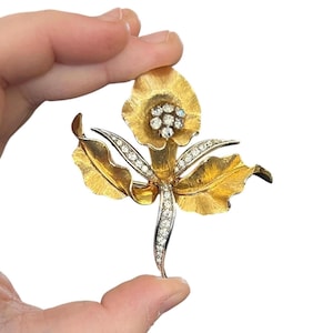 Rare Marcel Boucher Orchid Brooch - Vintage Boucher Brooch - Signed Marcel Boucher France - Boucher Gold Rhinestone Orchid Brooch
