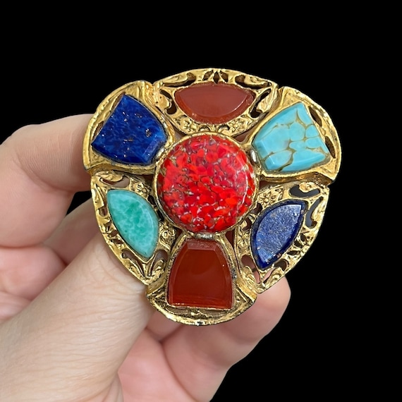 Vintage signed Miracle Brooch, Multi polished stones aged