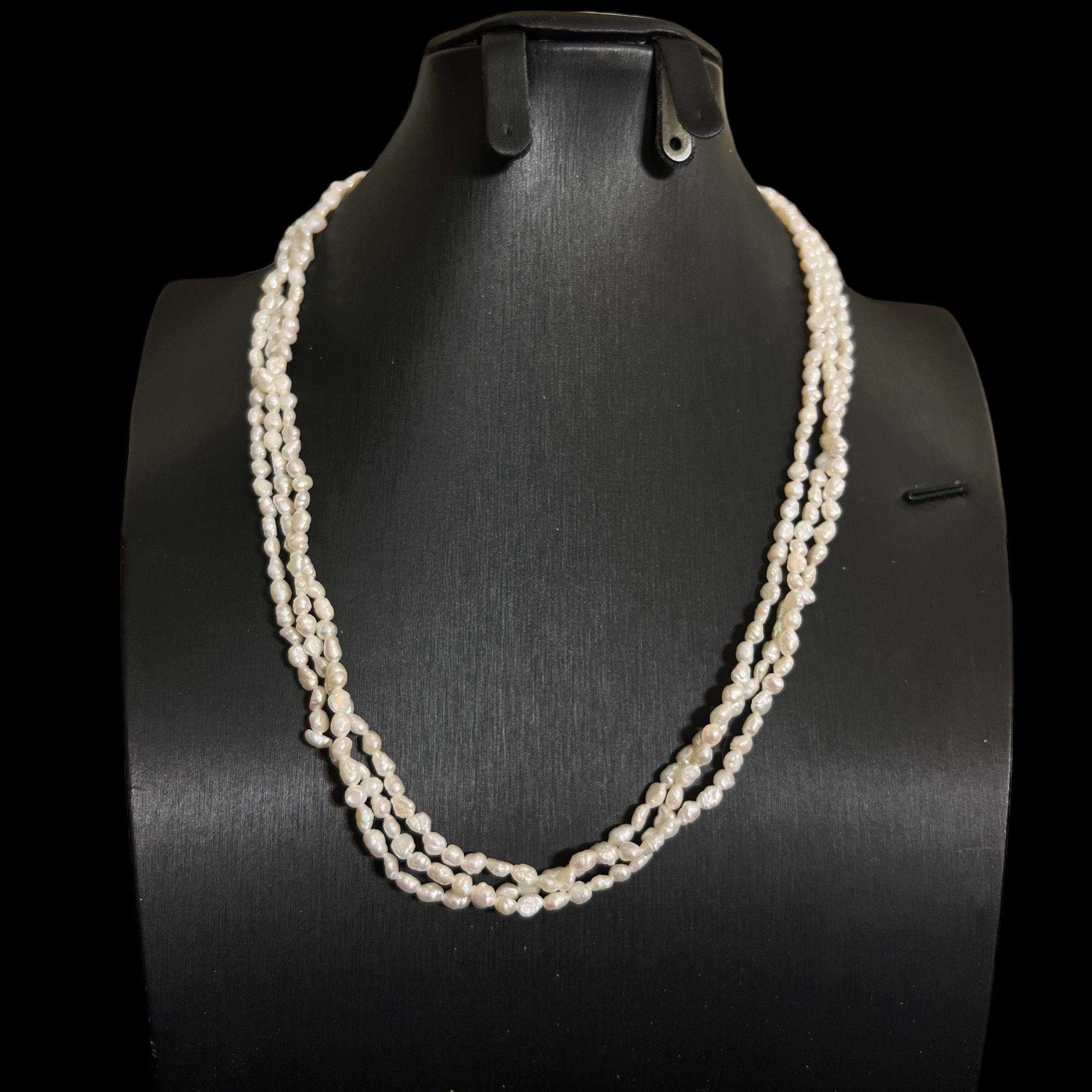 【BLACKPURPLE】Rice Grass Pearl Chain Necklace Cultured 3 Row Cultured 8-9mm Black Rice Baroque Fresh Water