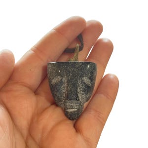 Inuit Soapstone Face Pendant on Leather Cord - Inuit Carving Pendant Necklace on Leather Cord - Signed Inuit Soapstone Mask Pendant