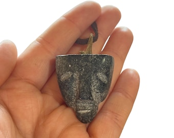 Inuit Soapstone Face Pendant on Leather Cord - Inuit Carving Pendant Necklace on Leather Cord - Signed Inuit Soapstone Mask Pendant