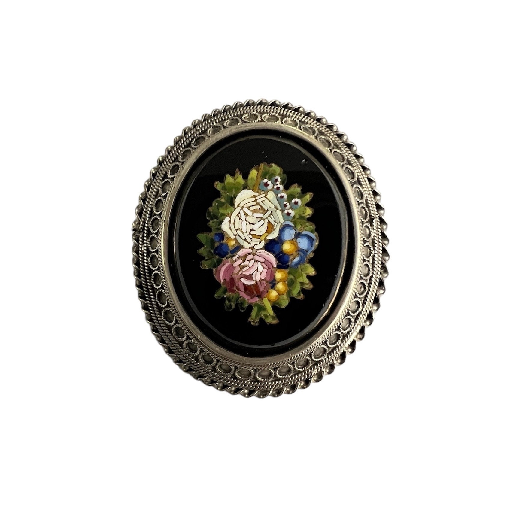 Broche Ancienne Fin XIXe - Micromosaïque Et Pierres Dures (Pietra Dura) - Monture Argent 925 - 25x20 Mm