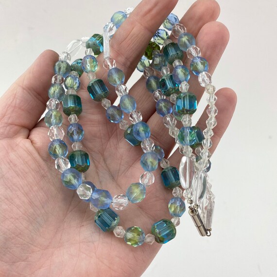 Vintage Blue Green Glass Beaded Necklace. Cut Gla… - image 2