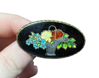 Broche de cesta de flores con esmalte negro Art Déco, década de 1920 - Broche de flores con esmalte Art Déco - Broche de esmalte negro antiguo - Broche Art Déco